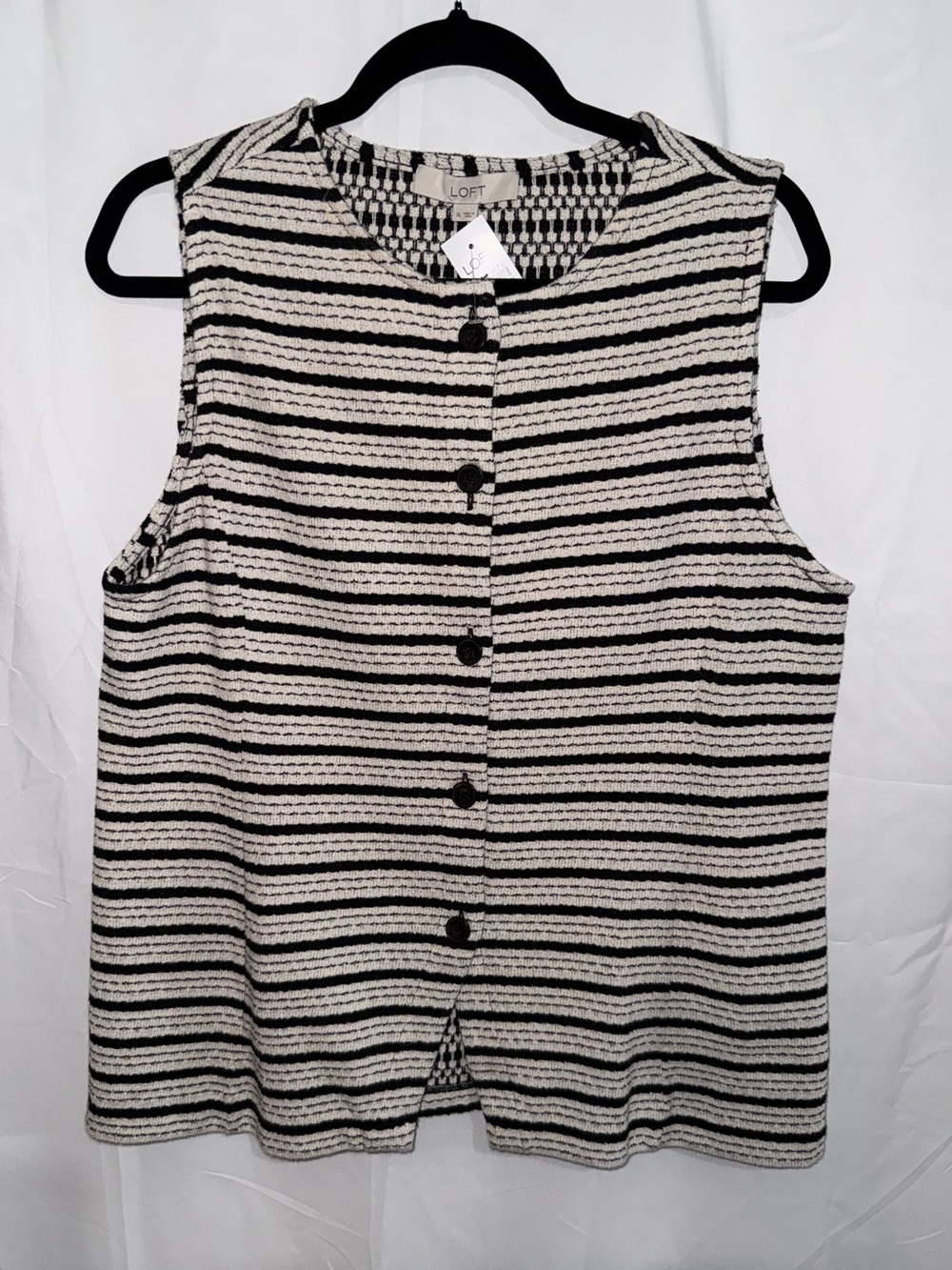 NWT LOFT Black and Cream Striped Sleeveless Button-Front Top
